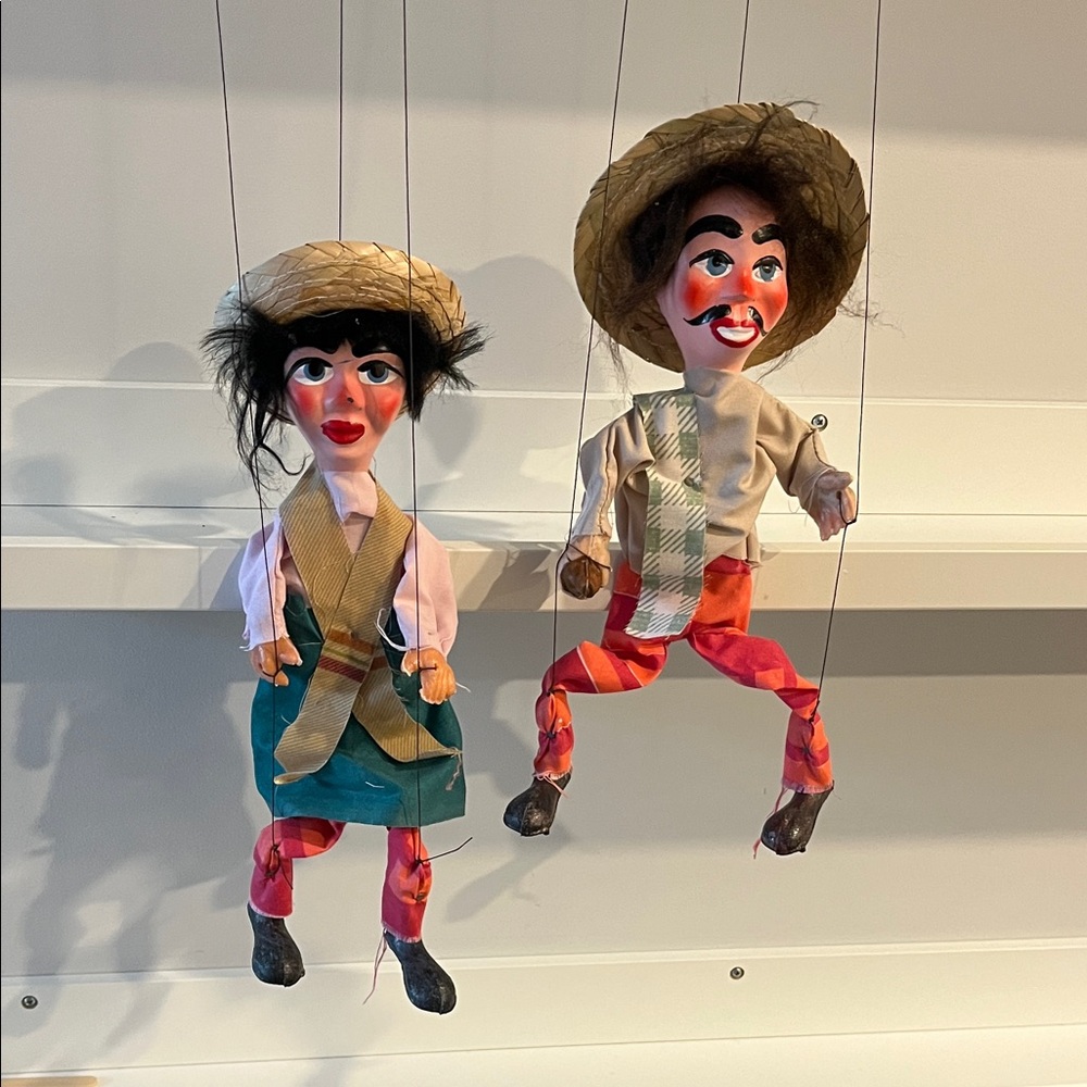 Handcrafted Teakettle Puppet Pair - Colorful Red & Green Marionettes